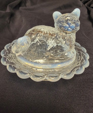 MOSSER Glass CAT KITTEN Covered SALT on Nest BASKET 3 CRYSTAL OPAL