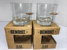BENSHOT 11 oz. Rocks Glass SET OF 2 & 2 oz New Shot Glass w/Real Bullets
