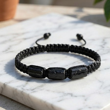 Raw Black Tourmaline Adjustable Braided Men Bracelet Natural Protection Stone