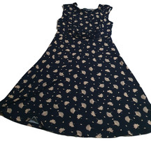 Savannah Size S Dark Blue Leaf Print Sleeveless Fit Flare Dress Casual Work Midi
