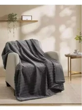 Jennifer Adams Luxe Faux Rabbit Fur Channel Throw - Soft & Cozy Gray 60"x70" New