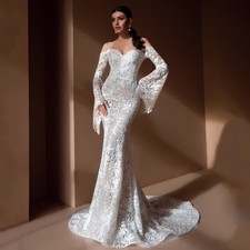 Flare Sleeves Sweetheart Lace Wedding Dresses Sweep Train Mermaid Bride Gowns