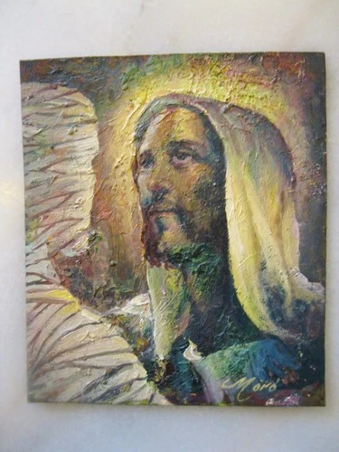 VINTAGE RETABLO ON TIN JESUS IN  THE MIRACLE OF LAZARUS SIGNED ''MORO''