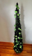 5FT Halloween Pop up Artificial Tree Black Tinsel w/ Green Spiders