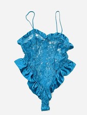 NWT Victoria's Secret VTG Gold Label Flutter Satin Lace Blue Teddy Bodysuit, M