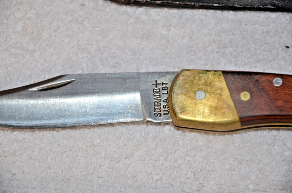 CUCHILLO PLEGABLE VINTAGE HENRY SCHRADE LB7 MARRÓN GRANO LATÓN HOJA GRANDE Foto 3 de 3