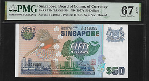 Singapore 50 Dollars 1977 PMG 67 EPQ UNC P#13b, Series B/19, Printer TDLR
