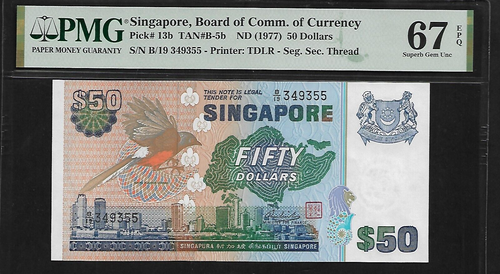Singapore 50 Dollars 1977 PMG 67 EPQ UNC P#13b, Series B/19, Printer TDLR