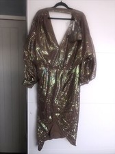 Asos Design Curve Midi dress with blouson sleeve and belt irridescent nude gold 