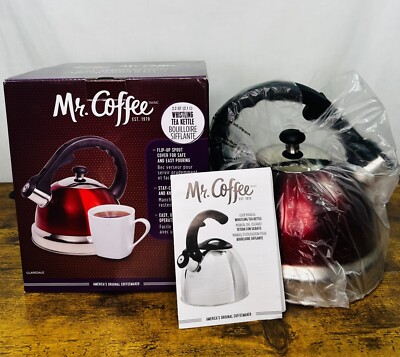 Mr Coffee Claredale Stainless Steel Whistling Tea Kettle, Quarts, Red 