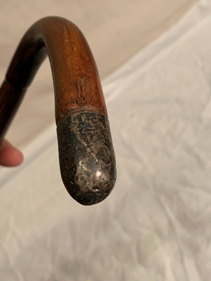 Vtg 29" Antique BAMBOO Shaft Crook Handle CANE Walking Stick Sterling