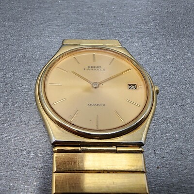 Seiko Lassale Watch Men 33mm Gold Dial Gold Tone Date BROKEN