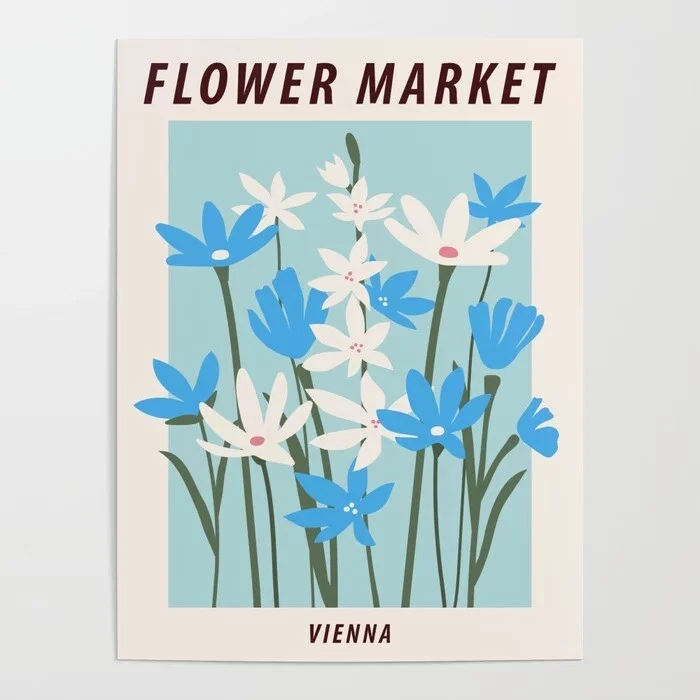 Flower market print, Blue flower art, Vienna, Posters aesthetic, Floral art