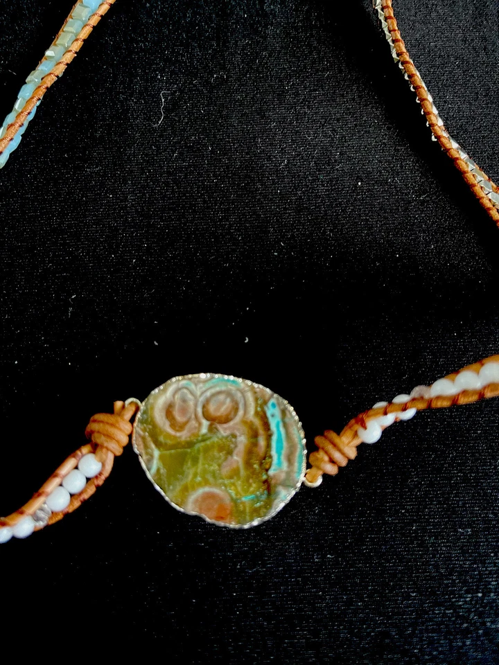 34-36", drop  Multi-Gemstone Bead Leather Necklace w SILVERTONE Hammered Pendant - Image 2 of 4