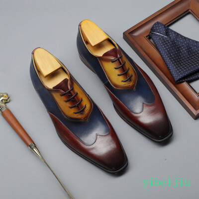 Men's Business Dress Formal Real Leather Derby Shoes Colorblocks Vintage Evening