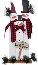 Snowman Table Top Decoration Wood Xmas Sign, Decorative Snowman with Buffalo Sca