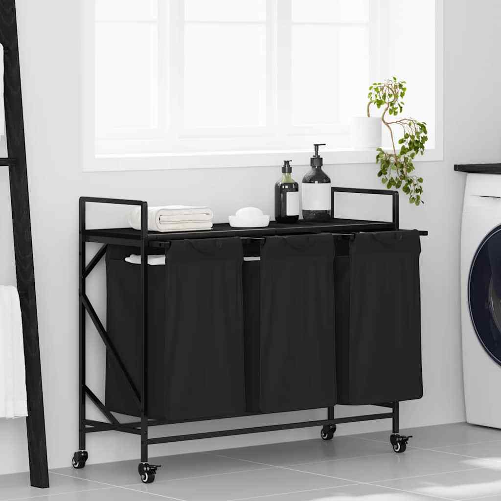 vidaXL Laundry Basket 3 Compartments with Wheels Black Oak
