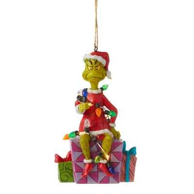 Jim Shore GRINCH SITTING ON PRESENT WRAPPED IN LIGHTS ORNAMENT 6012709