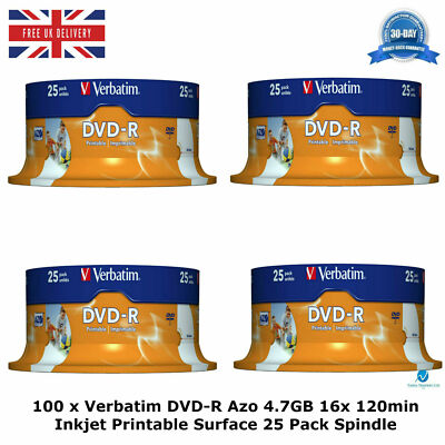 100 x Verbatim DVD-R AZO 700MB 16x 120min Tintenstrahl bedruckbare Oberfläche 25er Pack Wannen