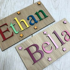 Personalised wooden name plaque - ANY NAME & COLOUR - Door Sign - Painted Stars