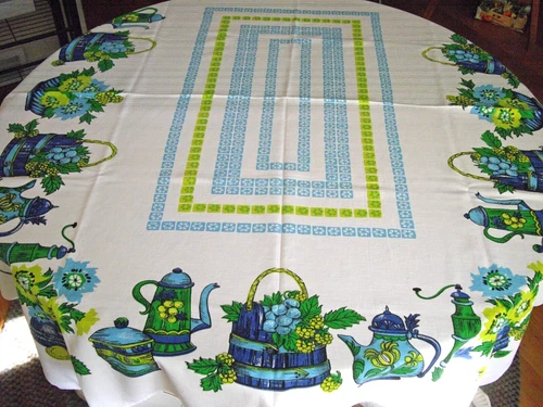 Vintage Tablecloth Blue Green Coffee Pots Baskets Fruits ~ 52" x 60" ~