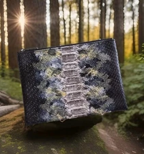Deux Lux Faux Embossed Snakeskin Clutch Cosmetics Makeup Bag Black Silver 
