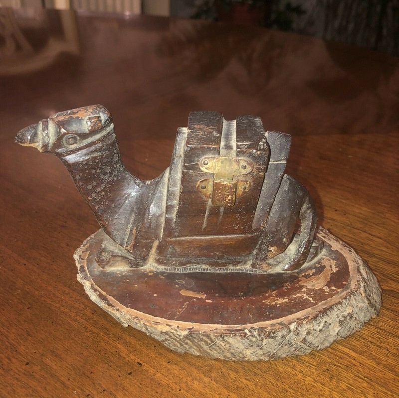 Antique hand carved wood camel figure w Hinged inkwell ? & Glass Mini Bottle