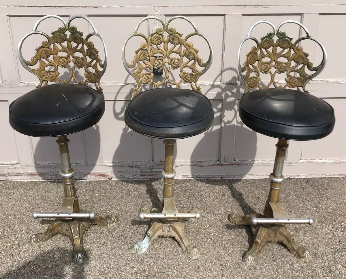 SET OF 3 VINTAGE CAST METAL PAW FOOT BAR STOOLS CHAIRS FLOWER BACKREST FOOT BAR