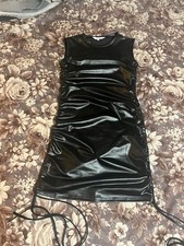 Black Pleather String Side Ruched Fitted Bodycon Dress Small S