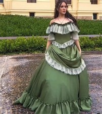 Green 1860s Victorian Prom Dresses Off Shoulder Lace Ruffled Evening Ball Gowns