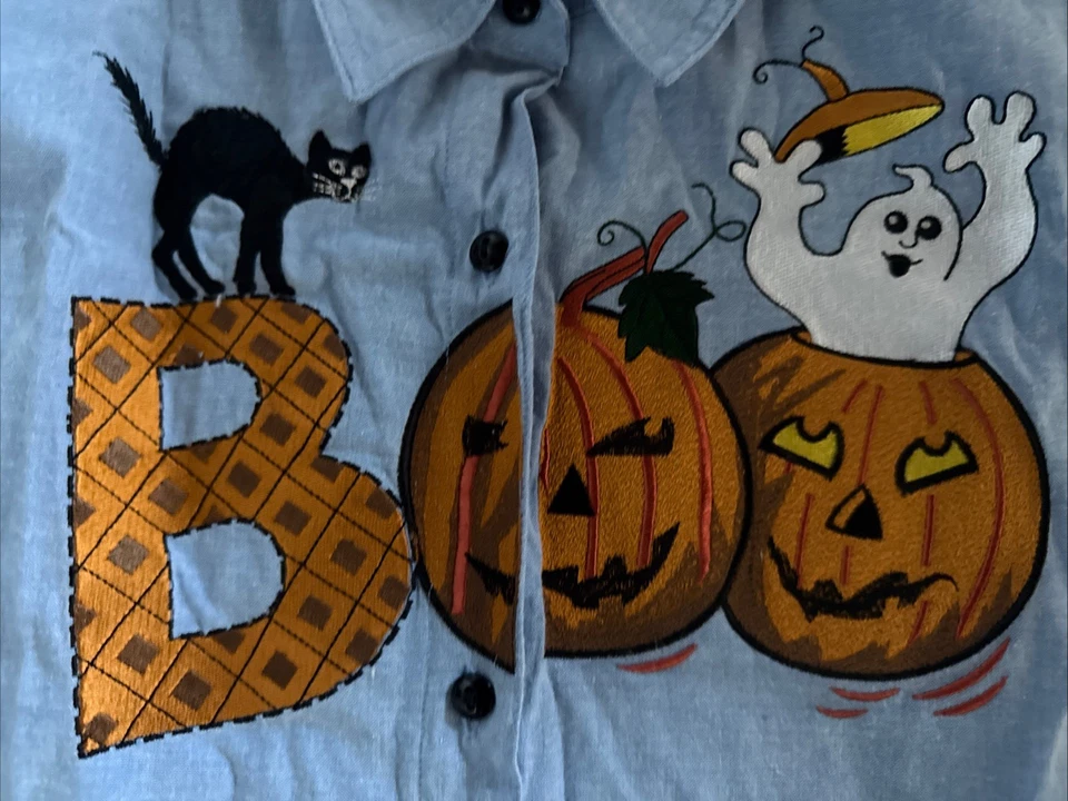Camisa De Colección Falls Creek Bordada Boo Abotonada Calabazas Fantasma Talla Pequeña Foto 2 de 4