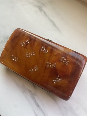 ILENE Lucite Purse 1950s, Tortoiseshell Box Bag with Rhinestone Butterflies