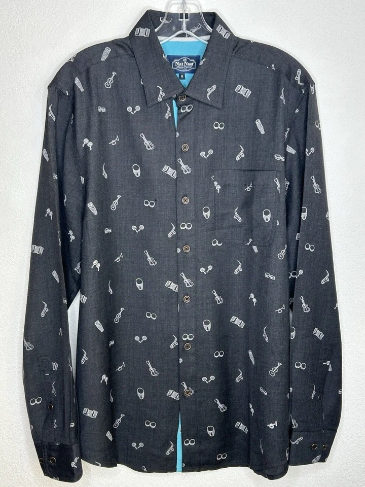 Nat Nast Shirt Mens Medium Silk Wool Blend Black Music Print Band Lounge Party M - Image 2 of 4