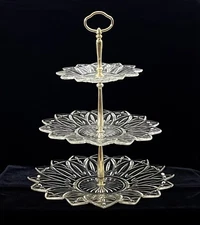 Vintage Federal Glass Petal Lou Glazer Sparkling 3 Tier Serving Stand Tray