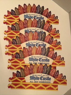 (5) Me Big Chief -Buy Only WHITE CASTLE All Beef Hamburgers VTG Indian Headdress