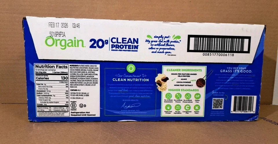 Orgain 20 г чистый протеиновый шейк из травы, сливочная шоколадная помадка (11 жидких унций 12 упаковок) - Изображение 2 из 2