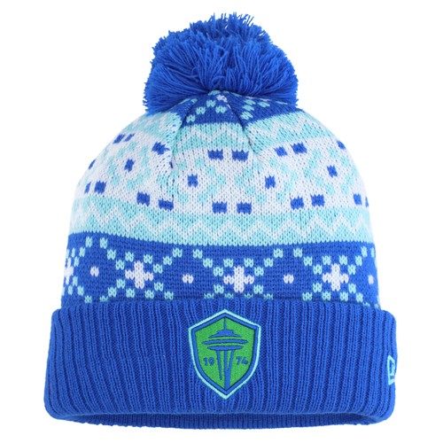 Men's New Era Blue Seattle Sounders FC Nostalgia Cuffed Knit Hat with Pom - 第 1/1 張圖片
