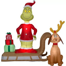 6 Foot Dr. Seuss The Grinch Sleigh Scene Light Up Christmas Inflatable Lawn Deco