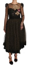 Dolce & Gabbana Black Gold Crystal Heart A-line Women's Dress Authentic