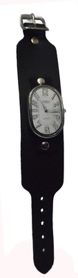 GIOVANI:BLACK HEAVY LEATHER BIKER BAND WITH SILVER  OVAL LONG CASE ANALOG WATCH