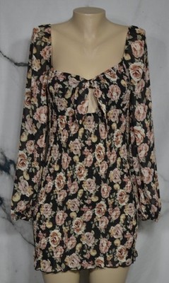 WINDSOR Black Multicolor Floral Print Smocked Top Mini Dress Large Ties at Bust