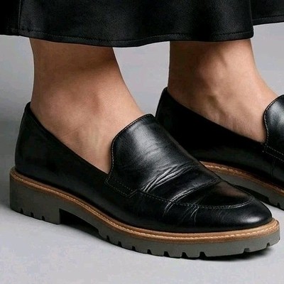 Ecco Sartorelle Loafer Black Leather Chunky Lug Sole Edgy Dark Academia Sz7 Eu38