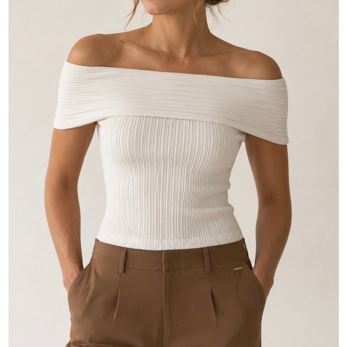Madewell White Ribbed Knit Off The Shoulder Top XS