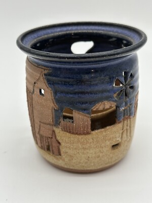 Stoneware Votive Candle Luminary Cut Out Farm - Scape Brown Blue Signed Turner