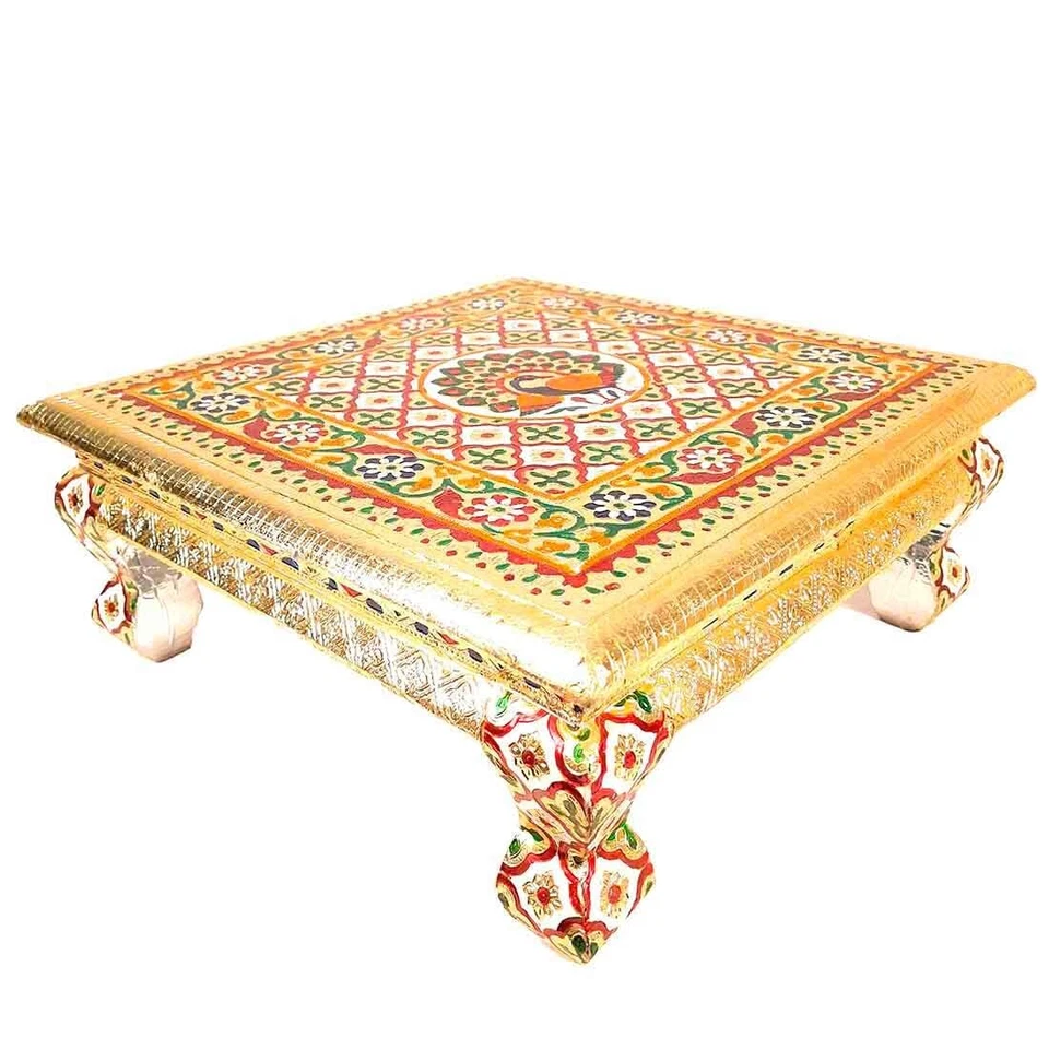 Pooja Chowki Bajot - Diseño de pavo real - Para Diwali pooja y decoración festiva - 16 pulgadas Foto 2 de 4