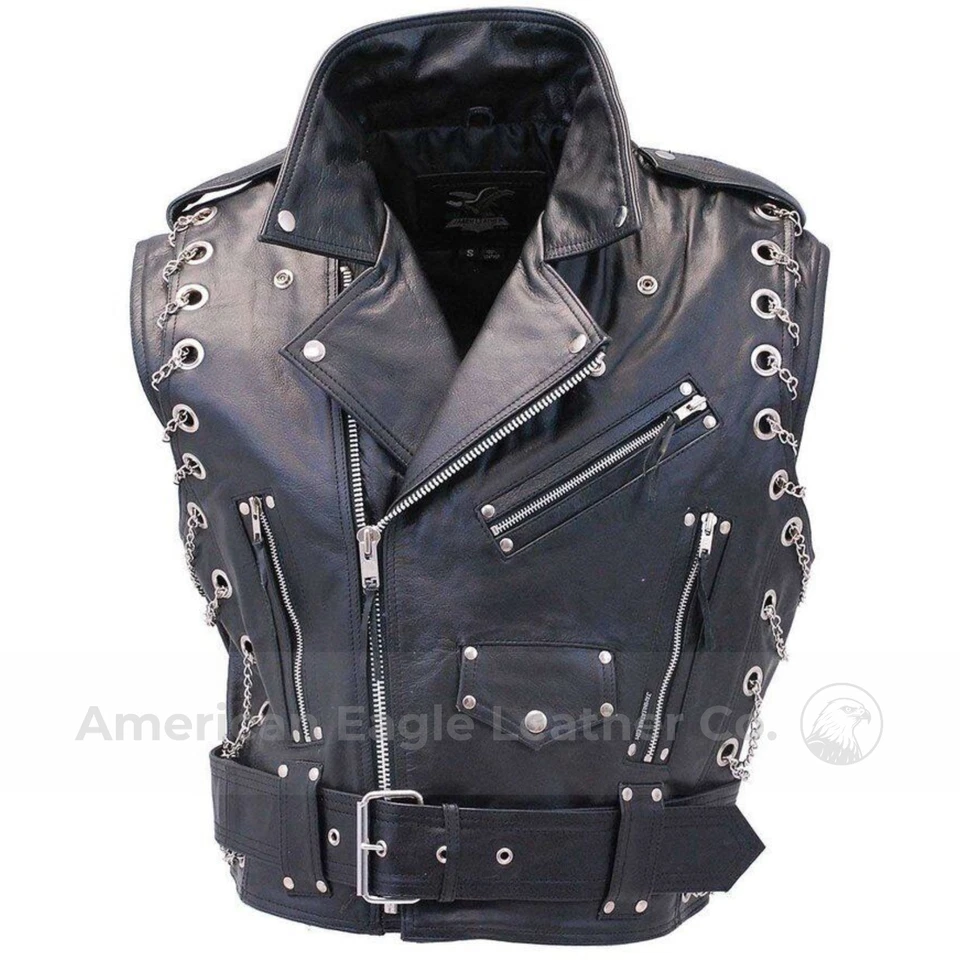 Men's Black Real Leather Cowhide Biker Vest Brando Metal Chains Motorcycle Gear - Image 3 of 4