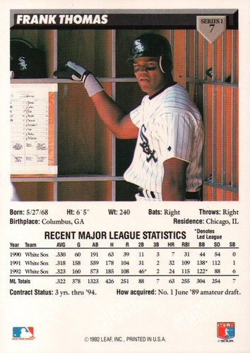 1993 Donruss Baseball #7 - Frank Thomas - Chicago White Sox 93-620 - Picture 2 of 2