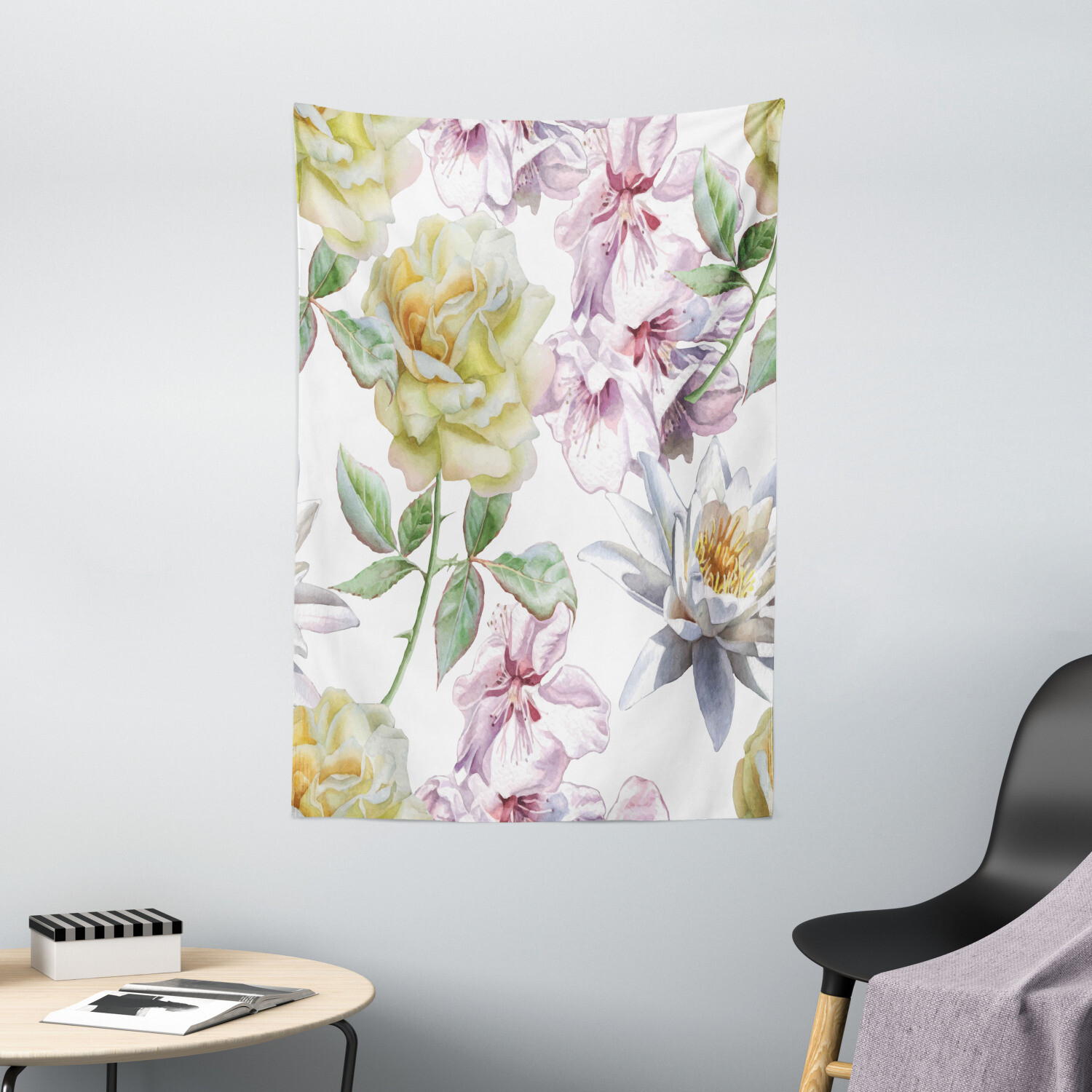 Floral Tapestry Rose Petals Sakura Lily Print Wall Hanging Decor