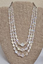 Aurora Borealis Crystal Choker 3 Strand AB Faceted Glass Beads Silver Tone Hook