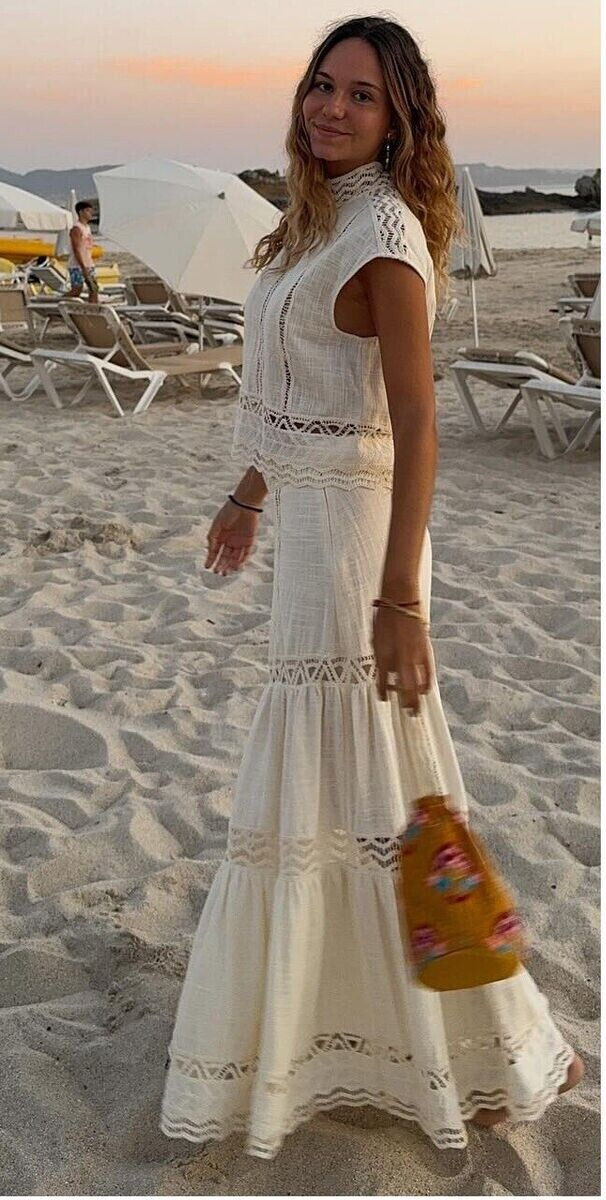Zara ZW Collection Long High Waist Crochet Skirt Ecru Size